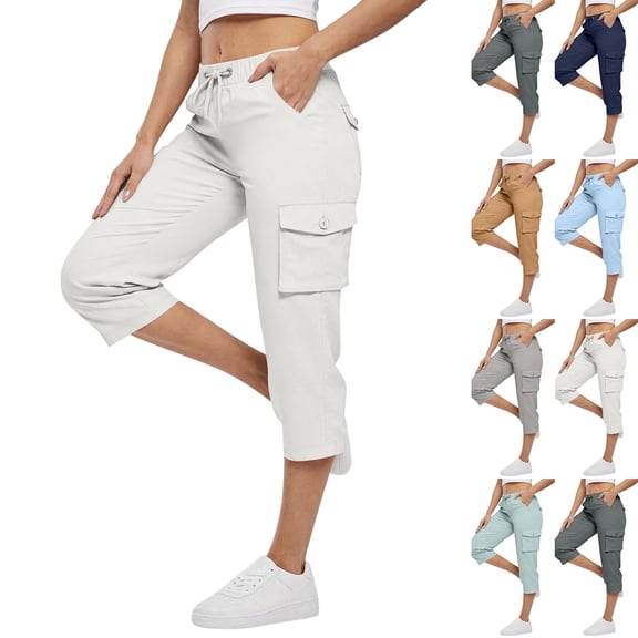 Women's Cargo Capris Cotton Pants with Button Pockets Elastic Waist Lightweight Cute Hiking Casual Pant for Summer (White,S)