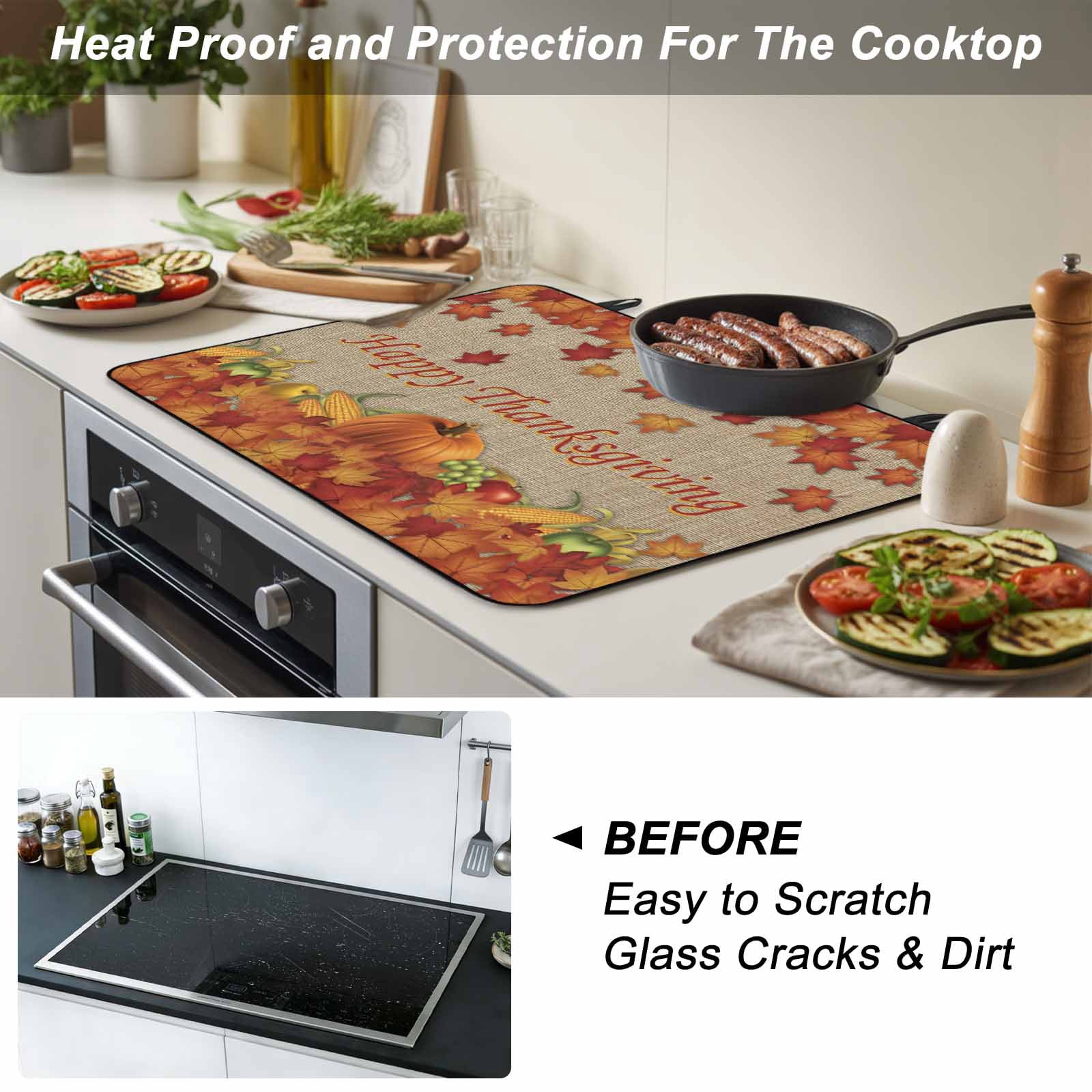 Thanksgiving Maple Stove Top Cover for Electric Stove, Heat-proof & Non Slip Glass Top Stove Cover Protector, Fall Pumpkin Leaves Farmhouse Retro Brown Kitchen Flat Cooktop Rubber Mat 24x21 Inches