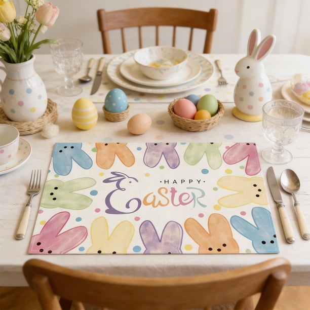 Decoraciones de Pascua, adornos de Pascua, regalos de Pascua, manteles individuales con temática de Pascua, manteles con estampados de conejos y huevos de Pascua, manteles individuales para decoración