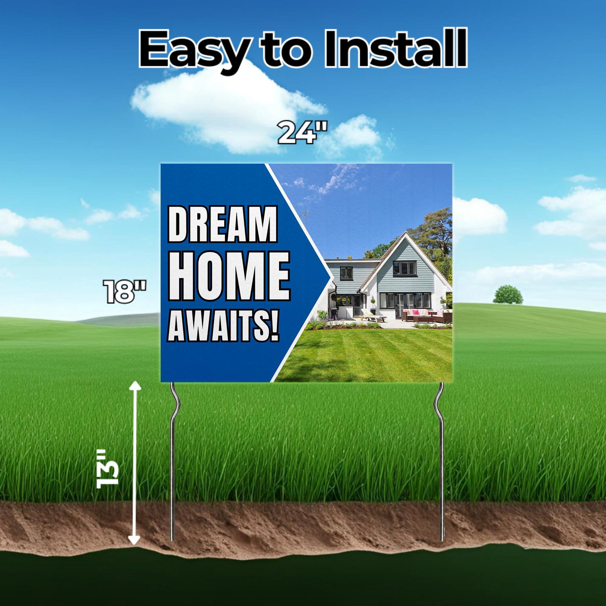 Dream Home Awaits! Yard Sign by DC | 24"x18" Double Sided Real Estate Garden Sign with 13” Metal Stakes | Outdoor Signs Waterproof for Lawn, Patio, Sidewalk & House | Set of 1 | Made in USA