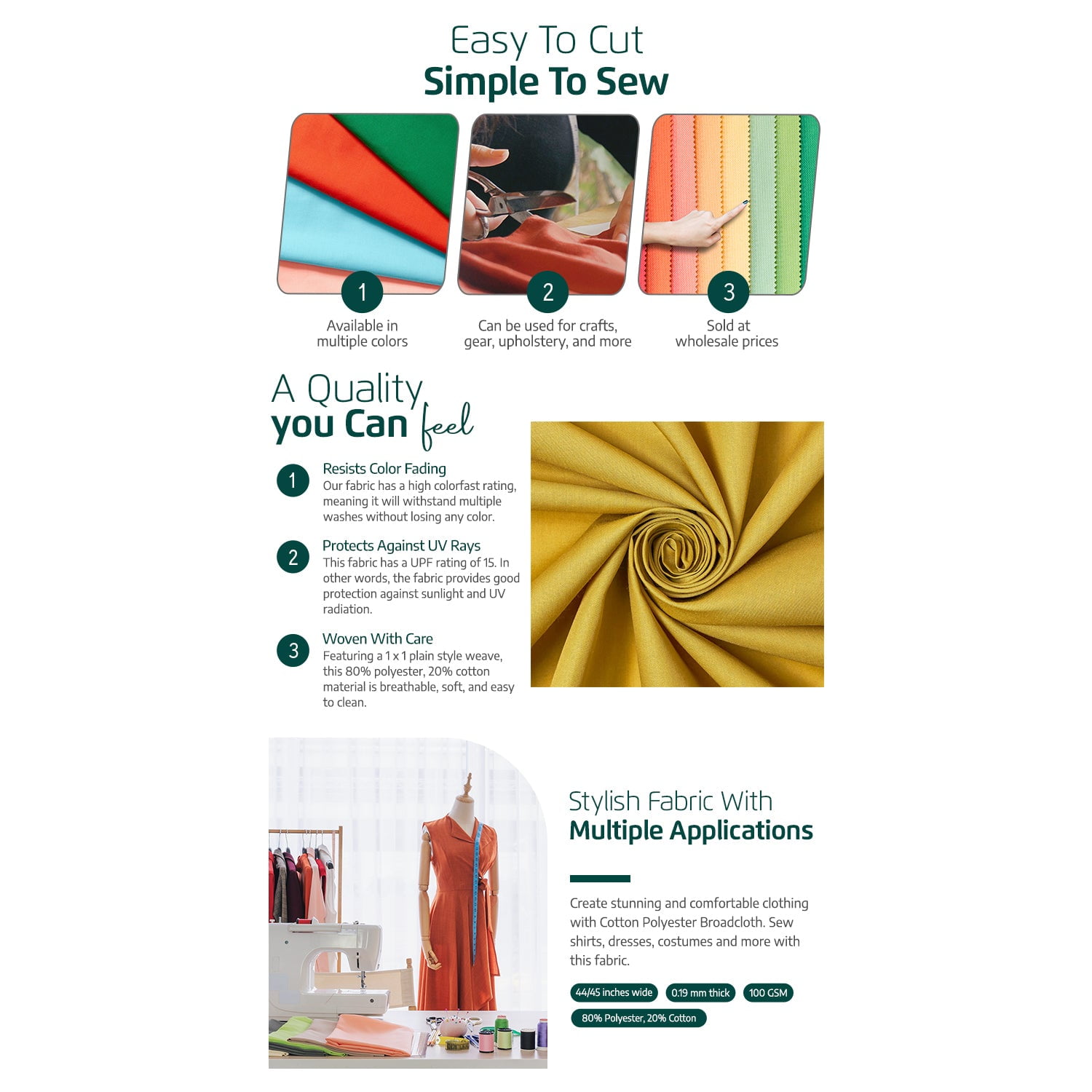 Cotton Polyester Broadcloth Fabric Premium Apparel Quilting 60" Wide Sold By the Yard Wholesale (Aqua Green, 5 Yards)