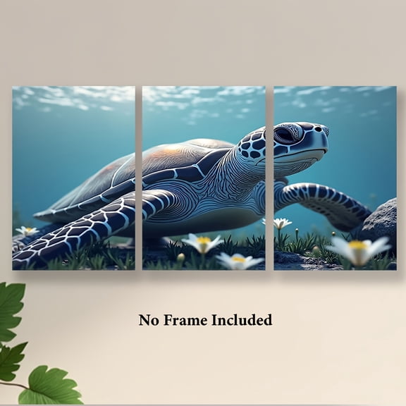 3pcs Frameless Canvas Wall Art - Majestic Sea Turtle Swimming in Ocean, Vibrant Underwater Scene with Floral Accents, Perfect for Home, Office, Classroom, or Holiday Gift, Turtle Decor