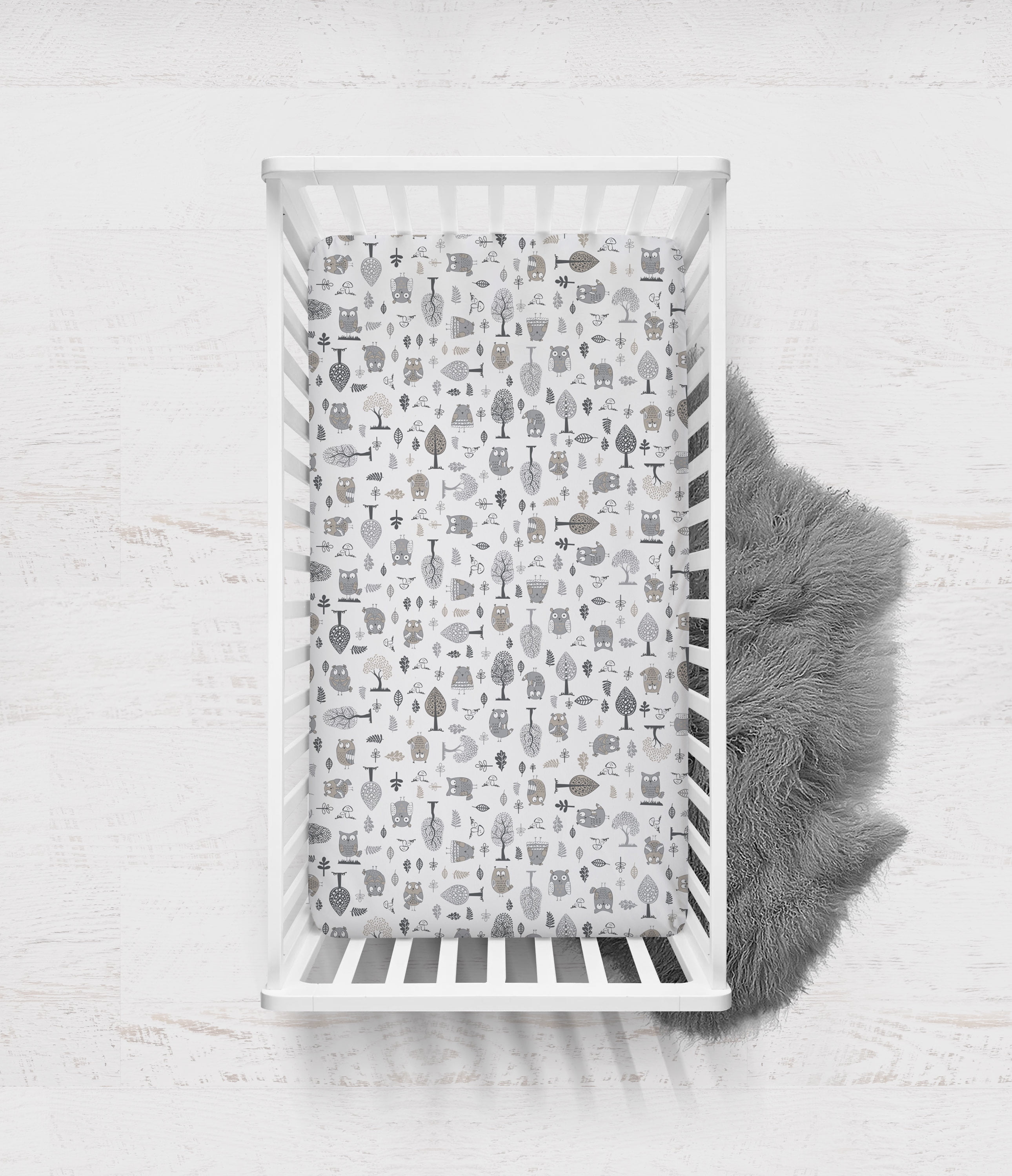 Bacati - Owls Grey/Beige Printed Crib Fitted Sheet