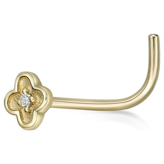 20 Gauge Curved 10K Yellow Gold White Cubic Zirconia Stud Flower Nose Ring