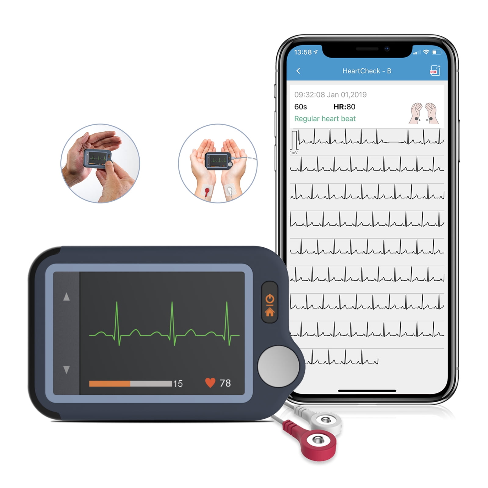 Wellue Pulsebit EX Bluetooth Heart Monitor 30S/60S/5Mins Recording w Free APP & PC Software Cable & Cable Free Operation for Wellness Use 