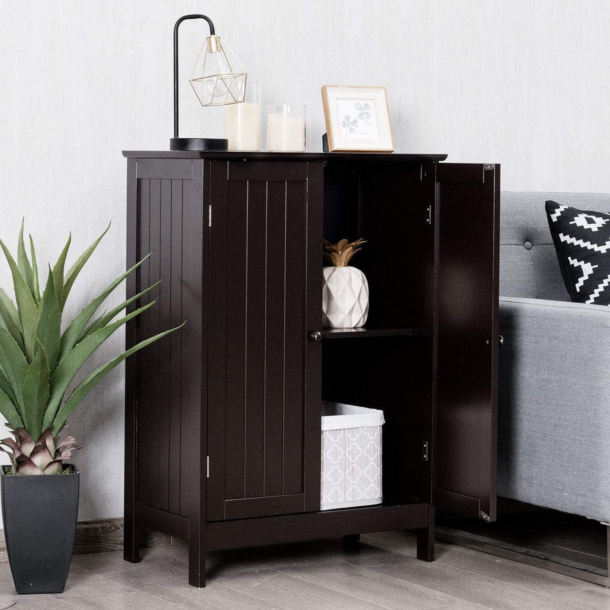 Giantex Bathroom Floor Cabinet, Wooden Freestanding Storage Cabinet with Double Doors, Suitable for Bathroom, Living Room, Bedroom, Entryway