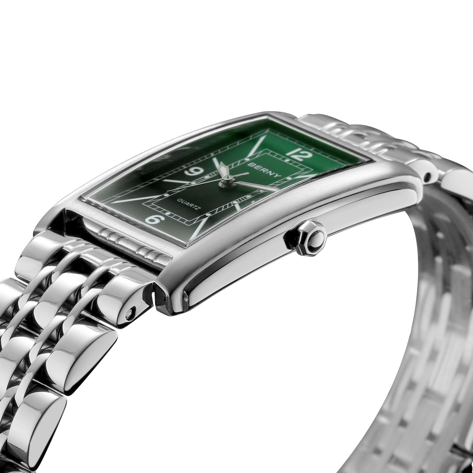 BERNY Rectangular Silver Watch for Men, Fashion Waterproof Analog Quartz Wristwatch, Stainless Steel, Luminous, Arabic Numeral, Business Dress Men's Watches (Green)