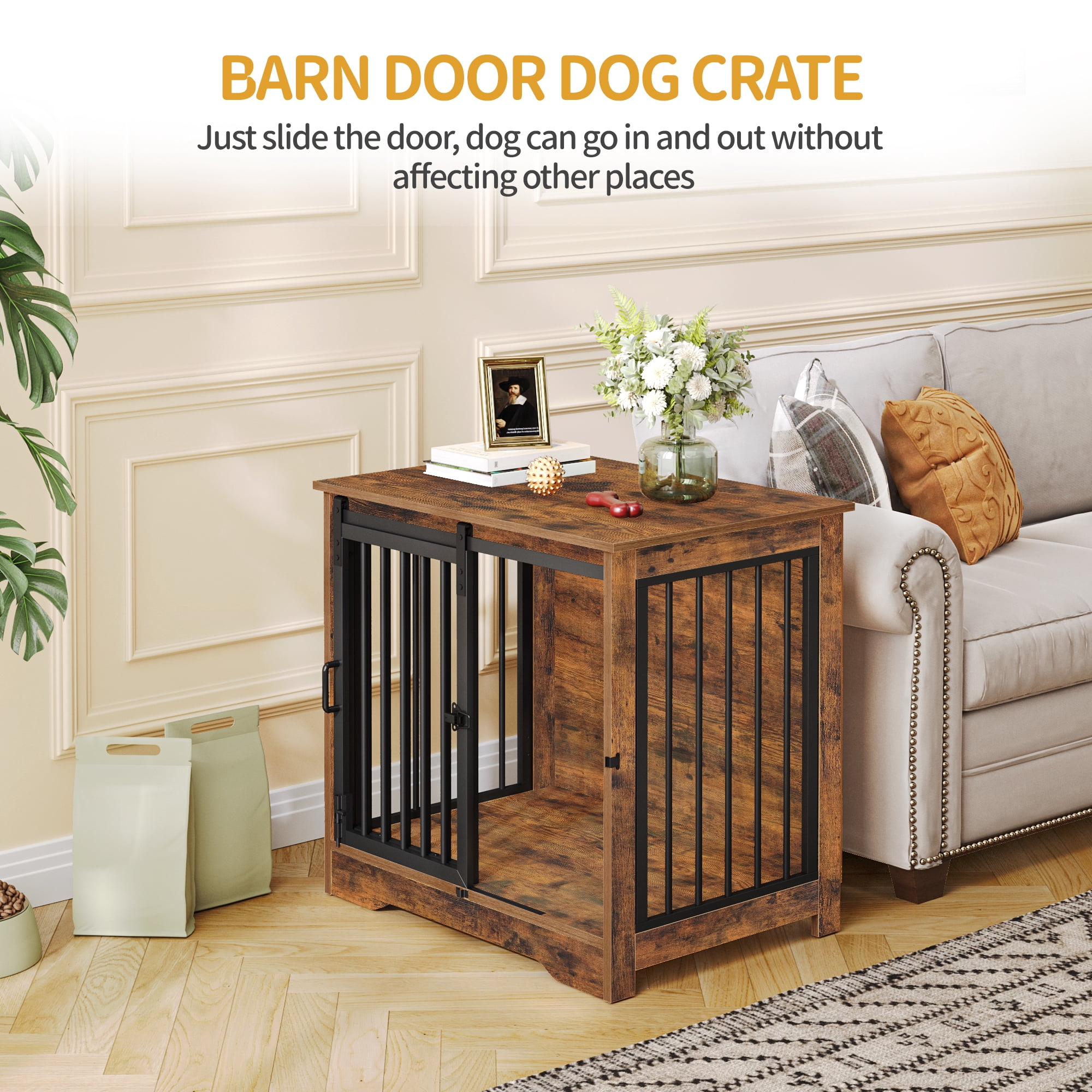 27.2" Dog Crate Furniture with Barn Door, Heavy Duty Wooden Kennel for Small Dogs up to 22 lb, Rustic Brown