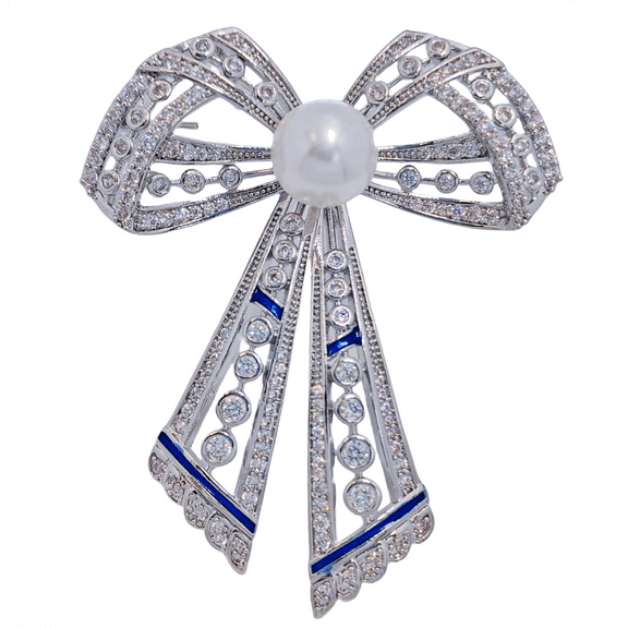 Bow Brooch with Clear Stones and Blue Enamel Accents