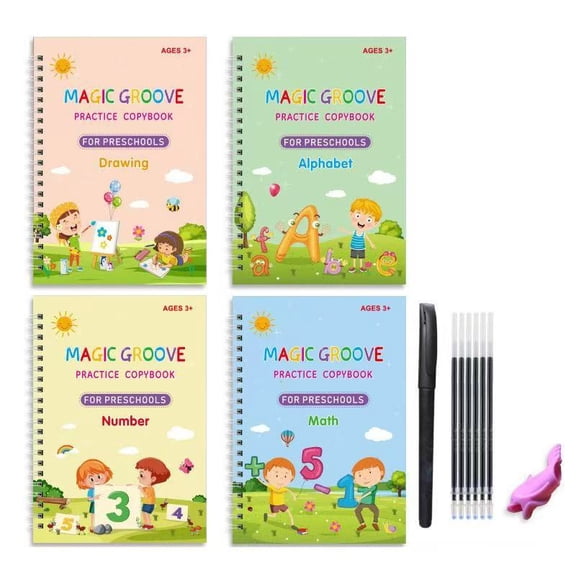 Vruelia 4Pcs Magic Practice Copybook, Handwriting Practice Book 4 Pack with Pen Refill English Cursive Calligraphy Reusable Age 3-8