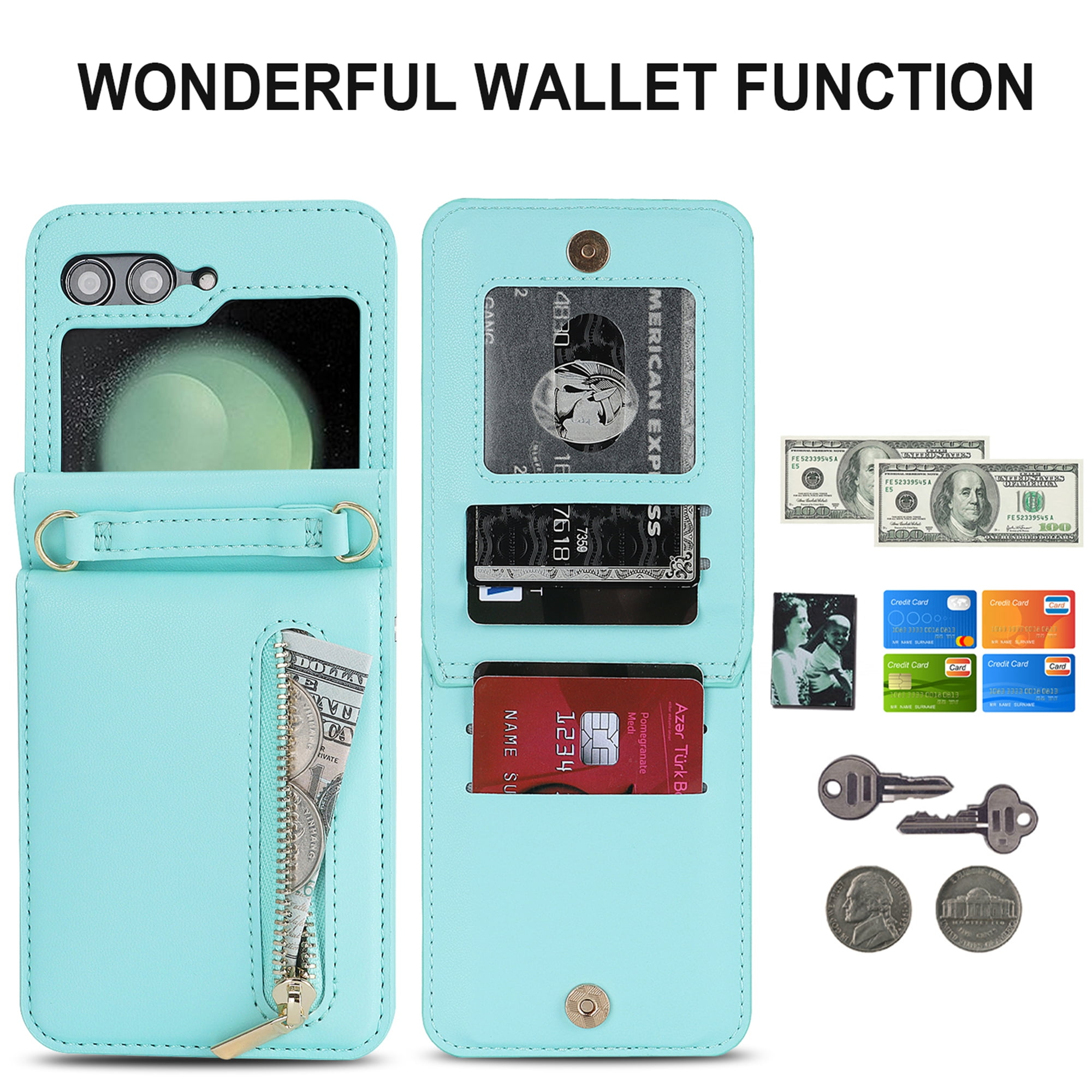 Decase for Samsung Galaxy Z Flip 5 Luxury Zipper Wallet Phone Case, Multi-Function Kickstand Card Holder Adjustable Fashion Flip Cover Case with Crossbody Strap for Samsung Z Flip 5 5G,Mint