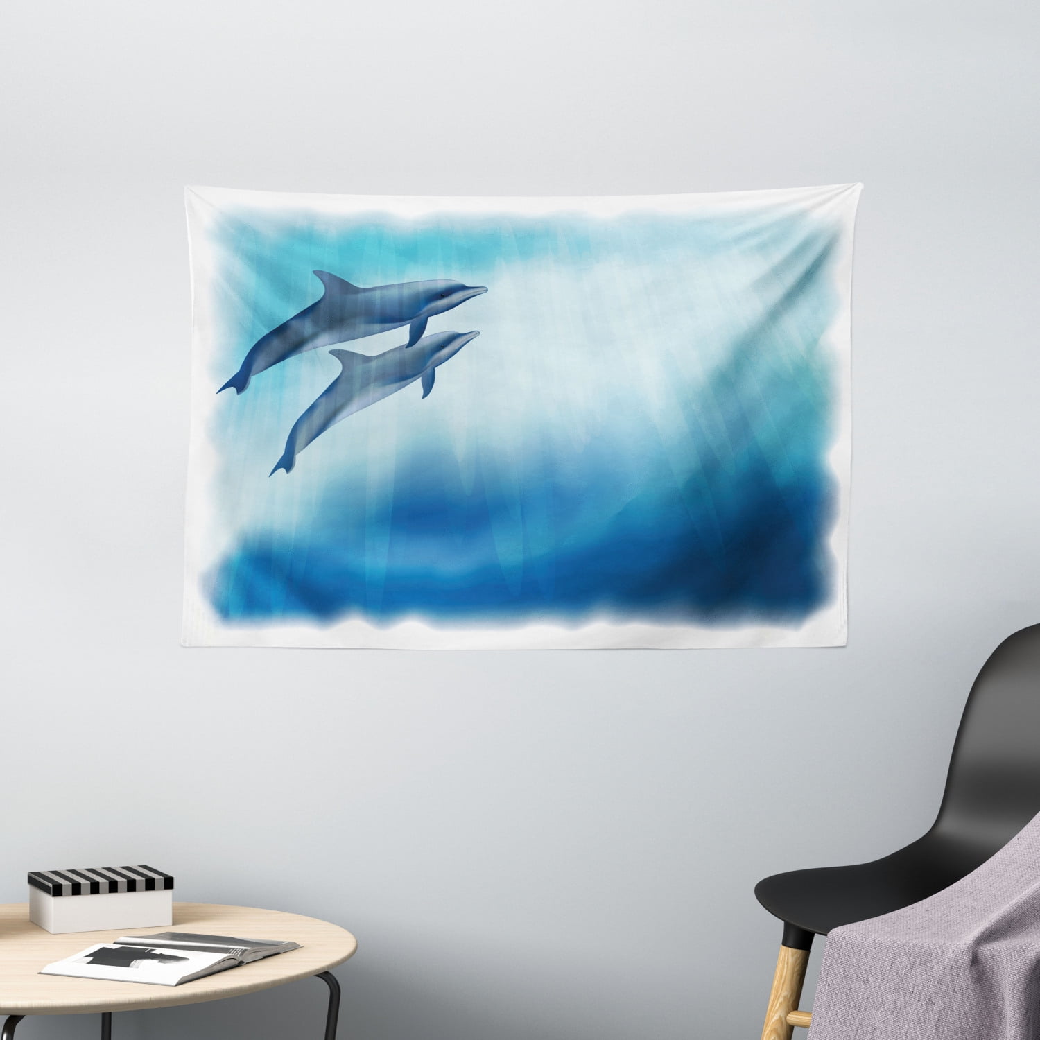 Dolphin Tapestry, Underwater Scene with Two Ocean Mammals in Watercolor