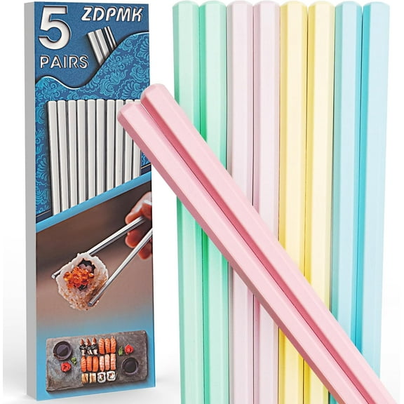 Stainless Steel Chopsticks - 5 Pairs Reusable Metal Chopsticks Dishwasher Safe, Japanese Chinese korean Chop sticks Set,Non-Slip Stainless Chop sticks, Silver Metal Chop sticks for Adults