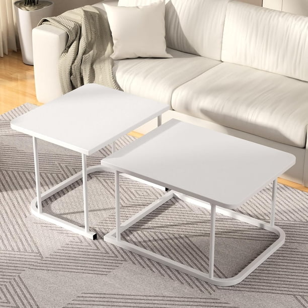 Juego de 2 Mesa de Centro para Sala, Mesas Auxiliares Rectangular, Estructura de Metal Resistente, para Espacios Pequeños, Salón, Apartamento, Fácil Montaje (Blanco)