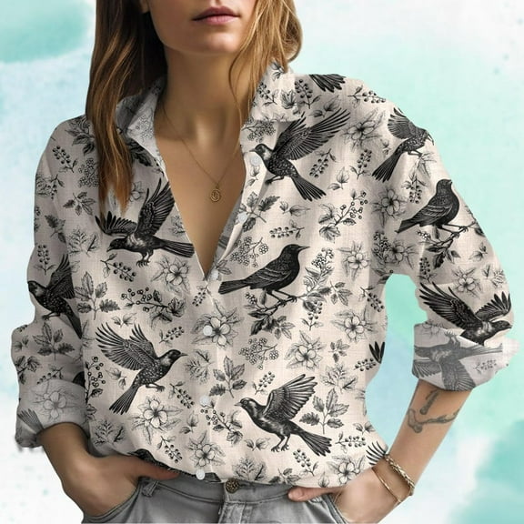Starling Bird Blouse Shirt, Cute Bird Women Blouses Shirt, Bird Lover Shirt, Animal Animals Button Down Shirt For Vacation, Gift For Her, Gift For Mom