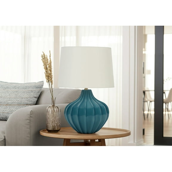 Noaman 24"h Blue Ceramic Table Lamp with Ivory Linen Shade, 3-Way Rotary Switch, 16"x16" Base, Transitional Design for Living Room, Bedroom, or Office
