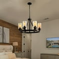 thumbnail image 2 of Classic Wagon Wheel Chandeliers Pendant Light for Living Room Black Metal Glass Shade Farmhouse Hanging Ceiling Lamps Home Deco, 2 of 7