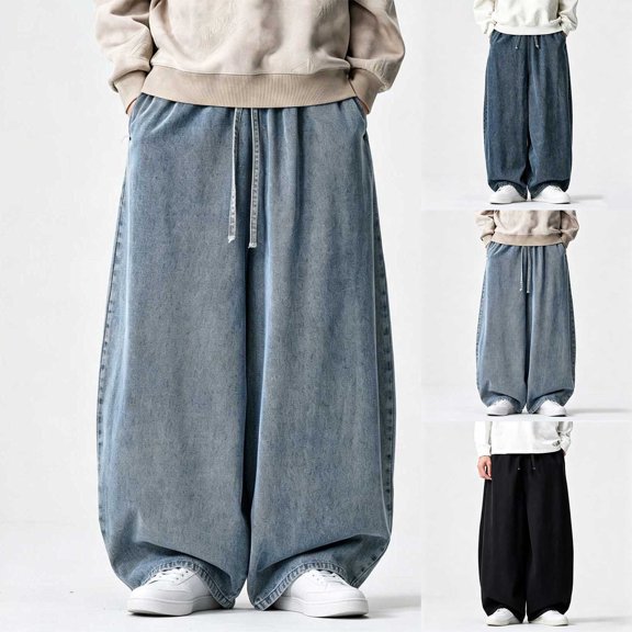 LMOIPLI Mens Baggy Wide Leg Balloon Jeans Elastic Drawstring Waist Vintage Washed Denim Casual Streetwear Trousers Light Blue M