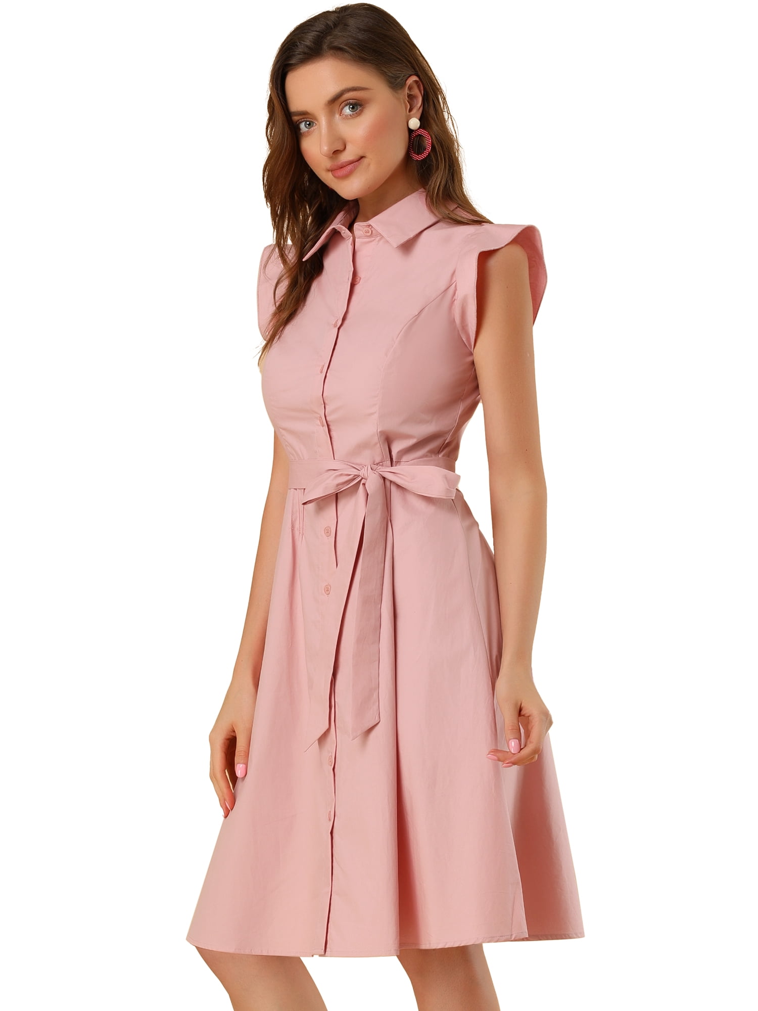 DARING DIVA Ruffled Sleeve Button Down Belted Knee Length Shirt Dress XL Pink