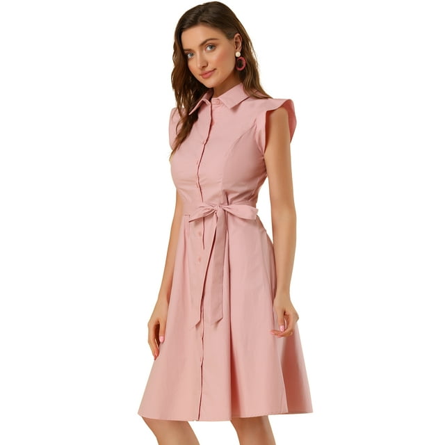 INSPIRE CHIC Robe-Chemise en Coton pour Femme à Manches Volantées Robe-Chemise de Travail avec Ceinture