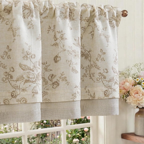 Amlie Floral Linen Valance Curtain Farmhouse Kitchen Valance for Living Room Laundry Light Filtering Double Layer Cottagecore Window Treatment Rod Pocket 1 Panel 16 Inch Taupe on Linen