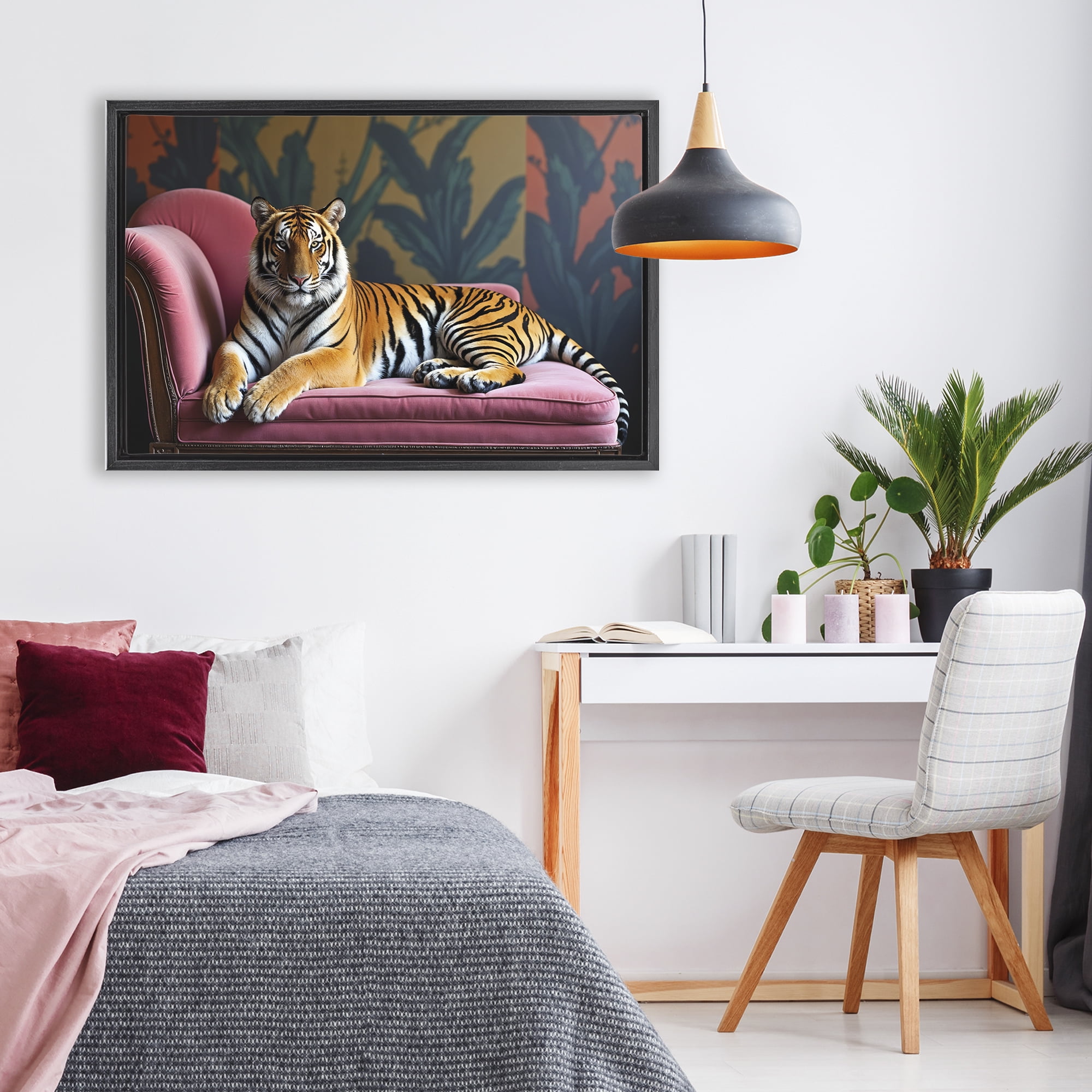 Exotic Tiger Lounging Black Framed Floater Canvas Wall Art, design by Lettered and Lined