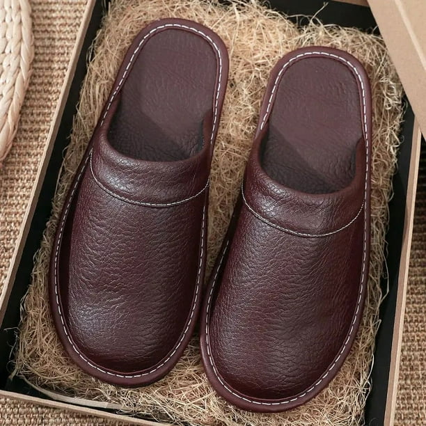 waterproof leather slippers men s winter indoor fur shoes lovers slippers male bedroom mules shoes mans sleepers plus size 47 48 Black Plush 56 CN