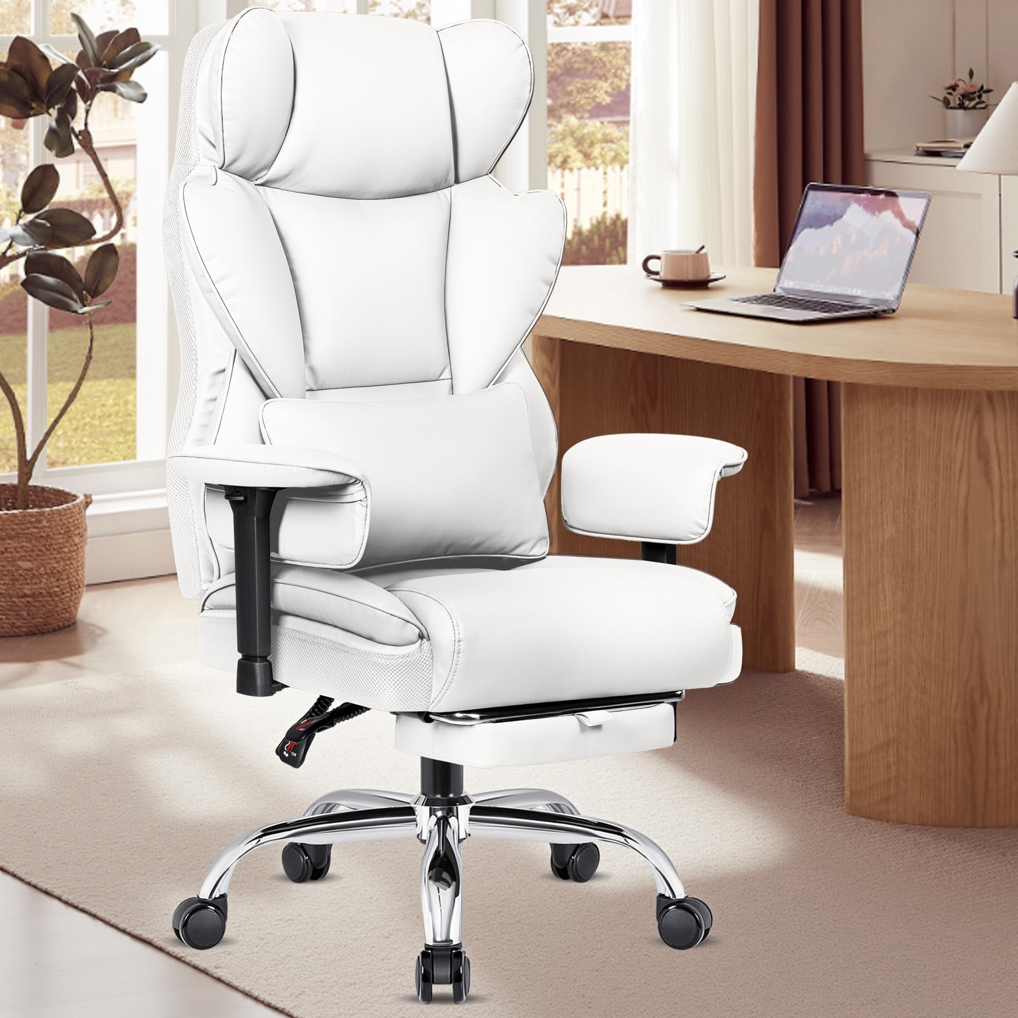 COOLHUT Large Executive Leather Office Chair with Footrest, Ergonomic Reclining Design, High Back and Lumbar Support, Ideal for Big and Tall Users, Perfect for Home Office or Computer Desk Use, White