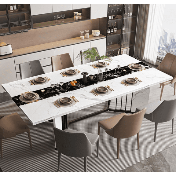 JassmiPkwy 71 Inch Rectangular Faux Marble Wooden Dining Table for 8, Modern Large Tabletop, White