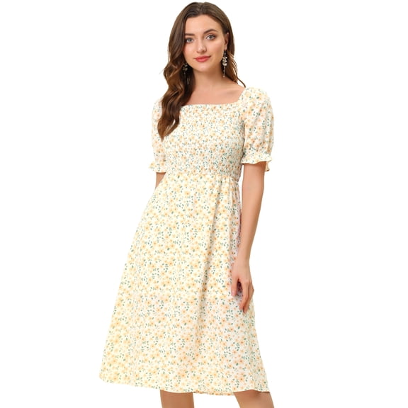 DARING DIVA Women's Cottagecore Floral Dress Puff Sleeves Smocked Dresses 2XL Orange