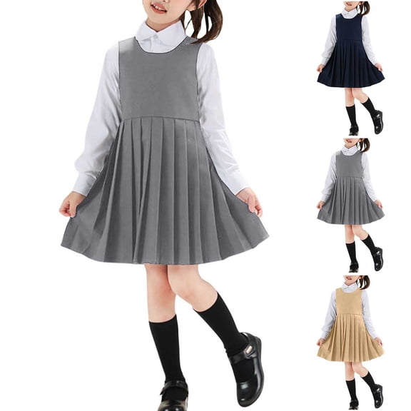 Afuyipoi Gilrs Tops ( For 3-18), Long Sleeve Color Long-Sleeve Shirt and Sleeveless Dress Solid Color 2-Piece Set College Style Outfit Navy 12-13 Years