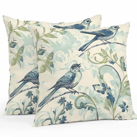 Watercolor Blue Green Bird Outdoor Pillow Covers Pack of 2 Leaf Green Brach Vintage Waterproof Throw Pillow Covers Decorative Cushion Cases for Patio Garden Tent Balcony Couch 16x16 inch