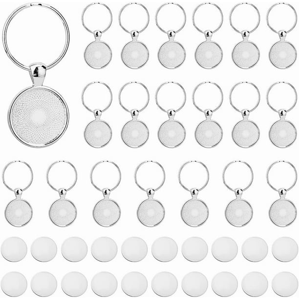 20 juegos de bandejas para llaveros, redondas de 20 mm/0,79", con cabujón de aleación de platino y llaveros en blanco, kit para hacer llaveros.