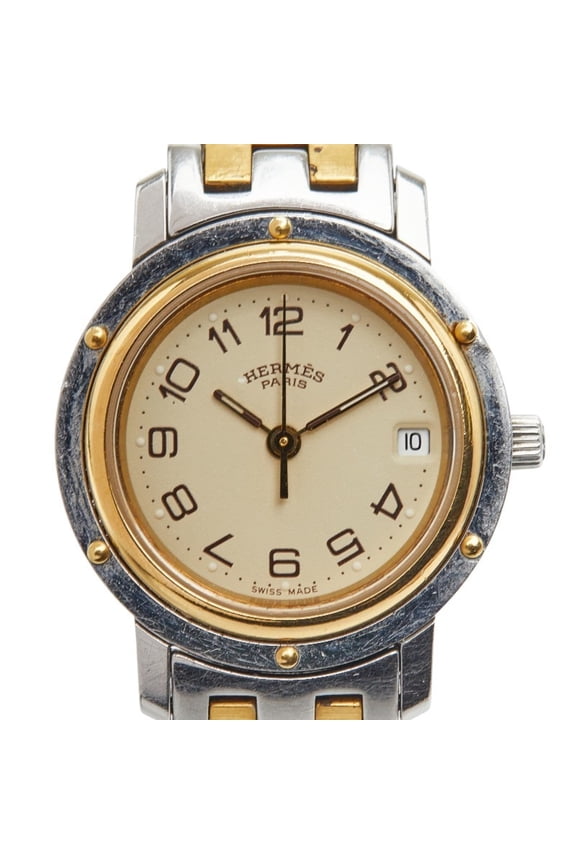 Pre-Owned Herms Clipper Watch CL3.240 Quartz Beige Dial Stainless Steel Plated Women's HERMES
