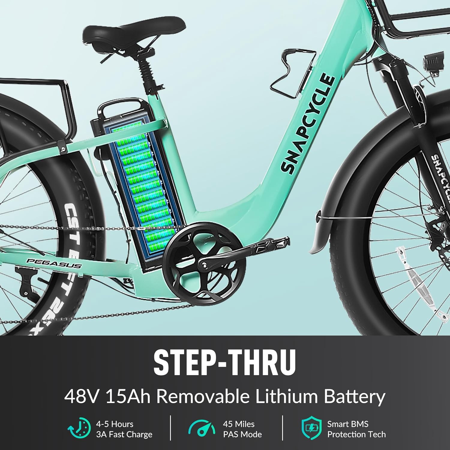 Snapcycle Pegausus Electric Bike for Adults, 750W Peak Motor, 28MPH with 26" x 4.0 Fat Tire Step-Thru Ebike, 48V 15AH Removable Battery, Gray