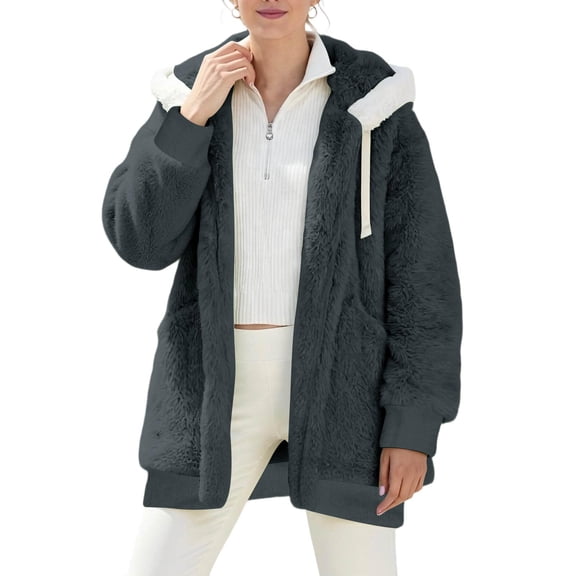 Sherpa Jackets for Women Winter Fuzzy Fleece Coat Hooded Color Block Patchwork Cardigan Coat Outerwear With Pocket