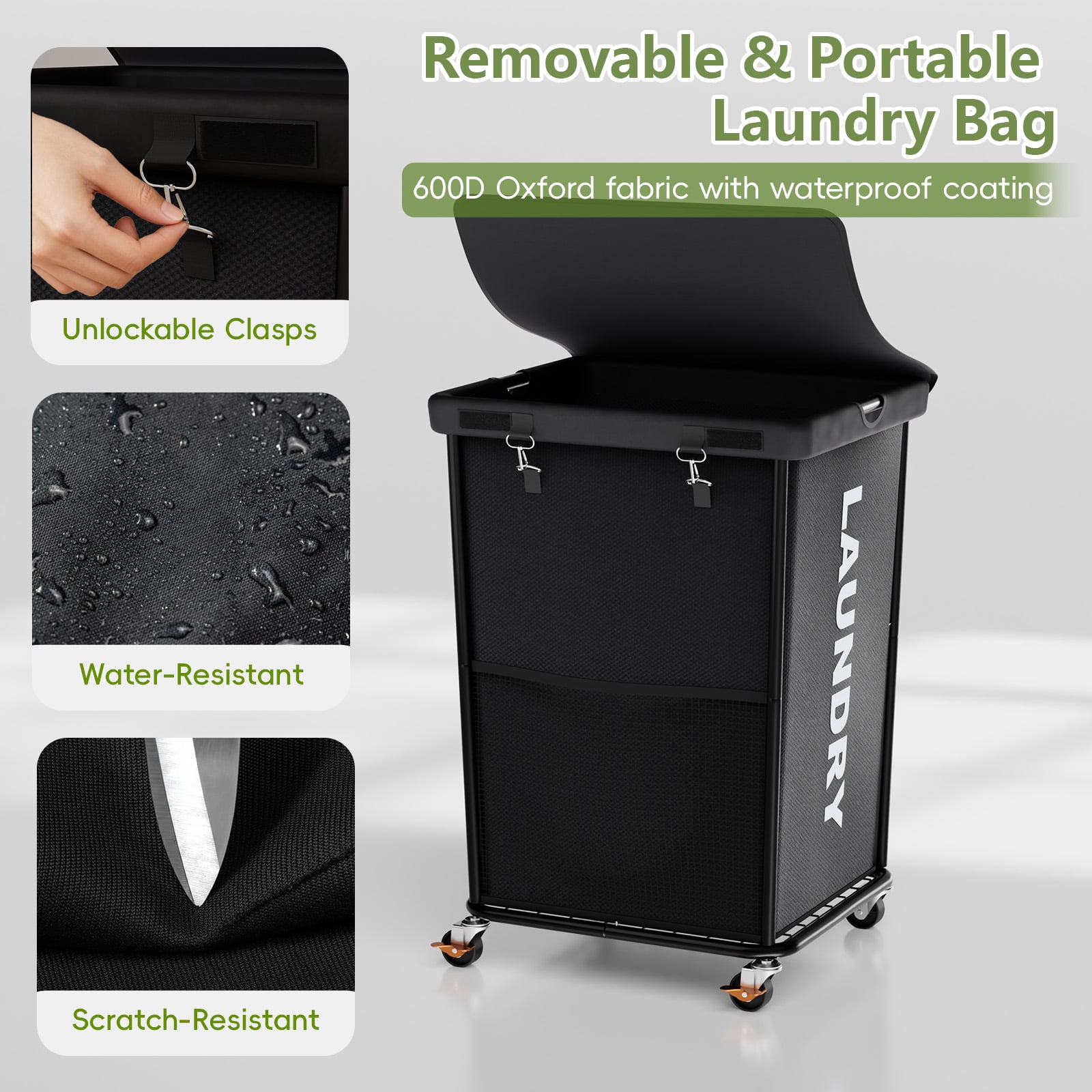 150L Laundry Hamper with Wheels, Rolling Laundry Basket with Metal Frame and Removable Bag, Large & Tall Dirty Clothes Hampers for Bedroom Aesthetic, Laundry Room, Bathroom, Dorm-Black