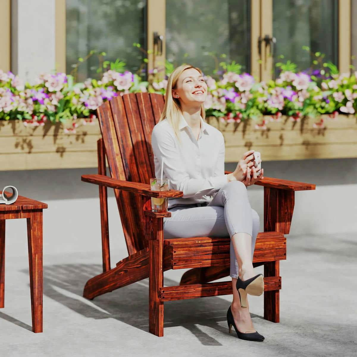 Spaco Oversized Adirondack Chair, Outdoor Porch Seating, Classic Log Lounge with Built-in Cupholder for Outdoor as Backyard, Lawn, Garden, Brown
