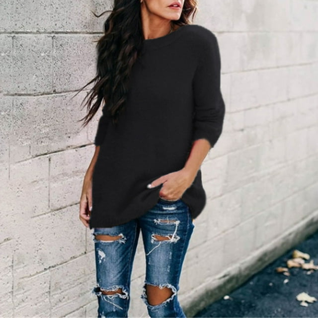 Qertyioot Femmes Plus Size Pull Femmes Mode Winterh Solide Col Rond à Manches Longues Chemisier