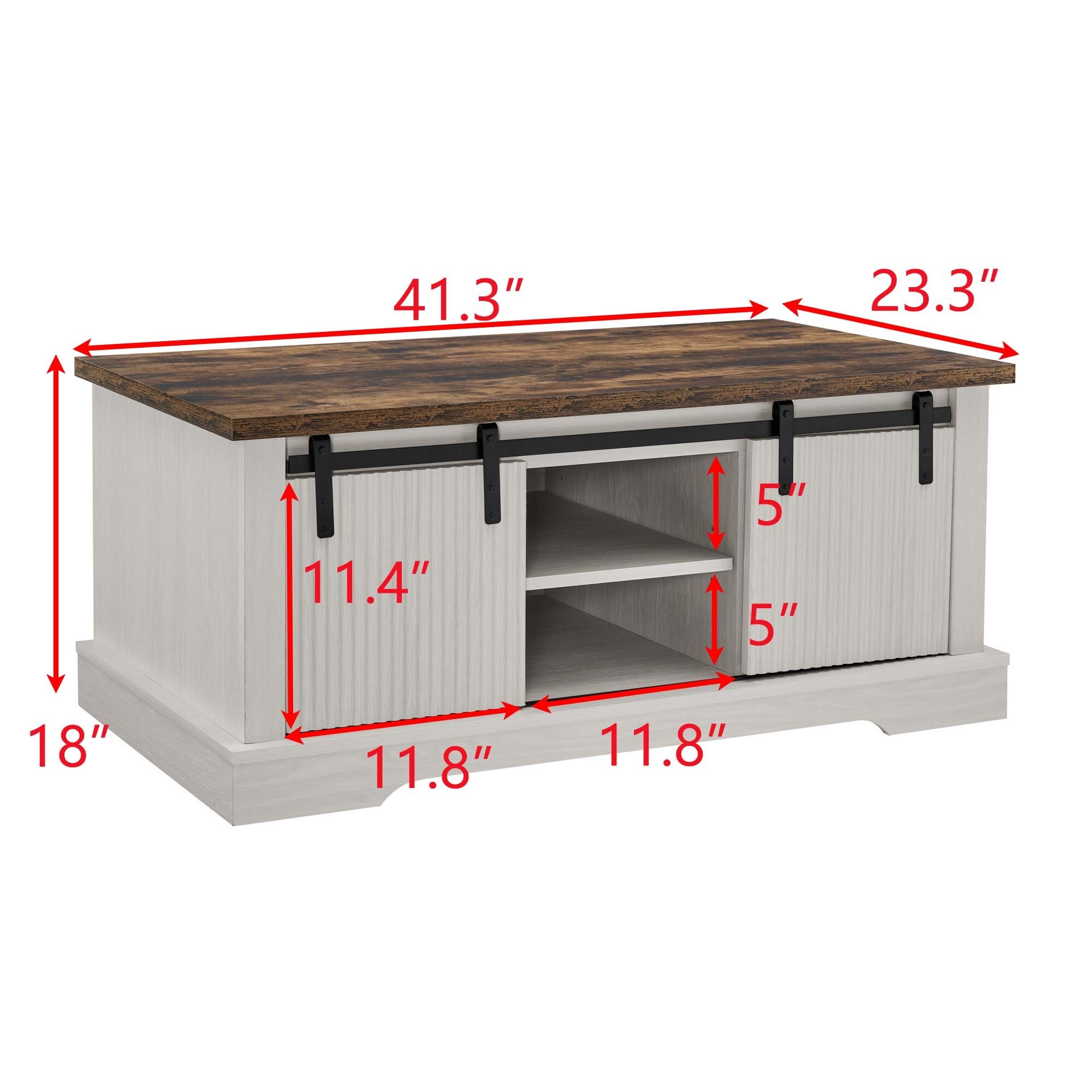 DEALTOPS Rustic Farmhouse Coffee Table with Sliding Barn Doors, Modern Accent Furniture, Antique White