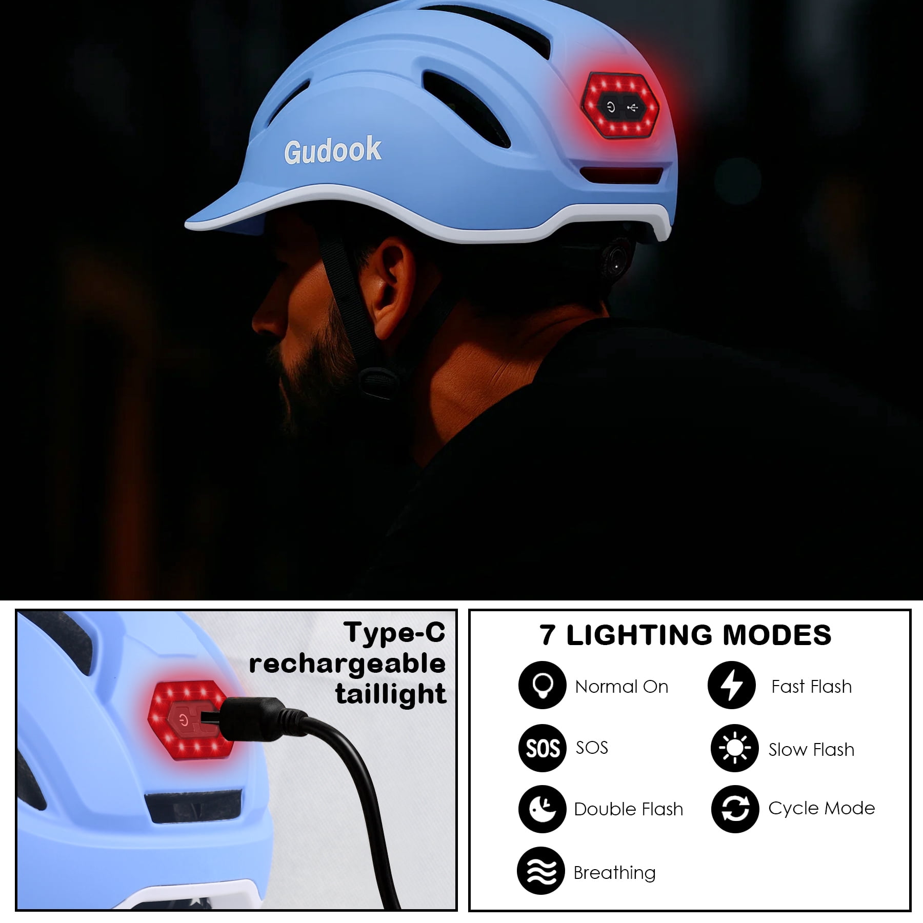 Gudook Adult Bike Helmet for Men - Women Bicycle Helmet with LED Rear Light - Certified Comfort Adjustable Baseball Cap Style Cycling Helmets for Urban Commuter Road Biking Scooter