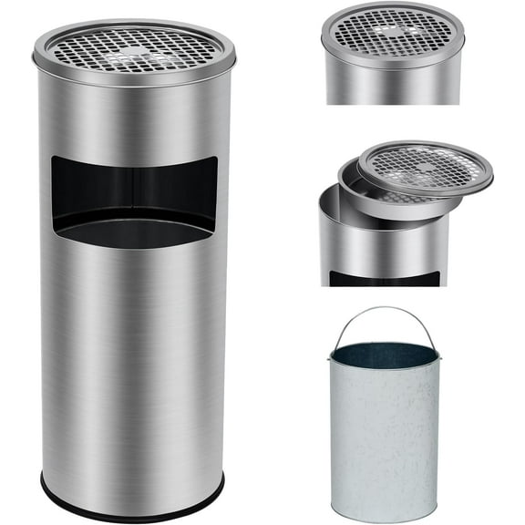 BENESKY Commercial Indoor Outdoor Trash Can, Stainless Steel Round Garbage Can with Removable Inner Bucket and Ashtray, Waste Bin for Patio, Yard, Office, Hotel