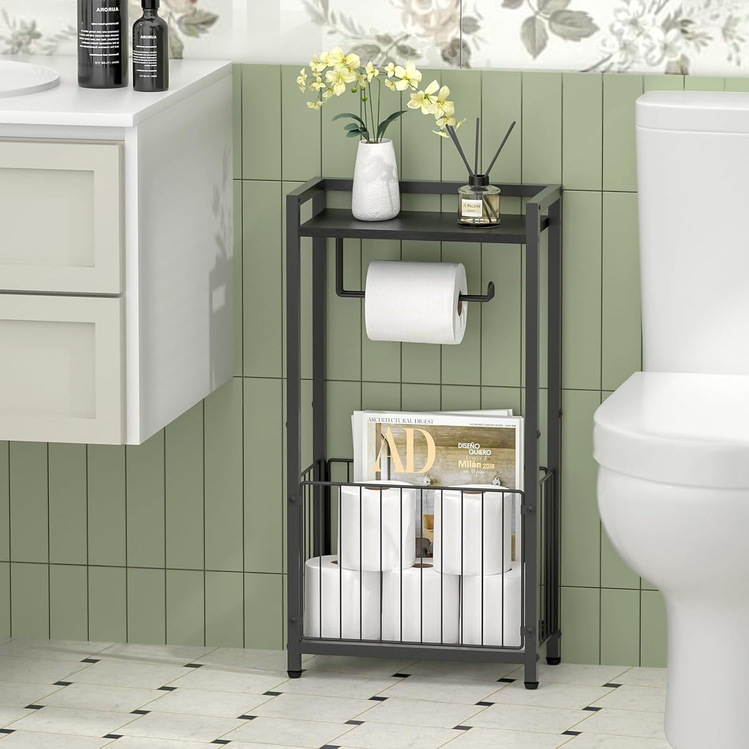 Freestanding Toilet Paper Holder with Storage Shelf – Bathroom Tissue Stand with Space for Phone, Tablet, and Magazines – All-in-One Toilet Roll Dispenser and Organizer