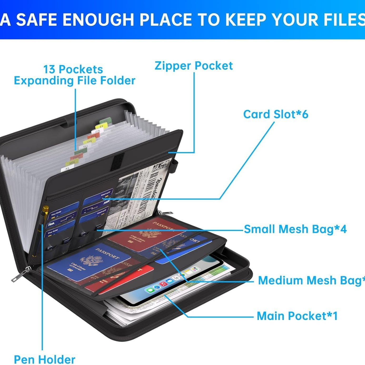 Fireproof Accordion File Folder, Heavy-duty Document Organizer, Waterproof Storage Pouch, Durable Plastic Construction, for Workspace Exam Use, Secure Filing System, Compact Design, Legal,