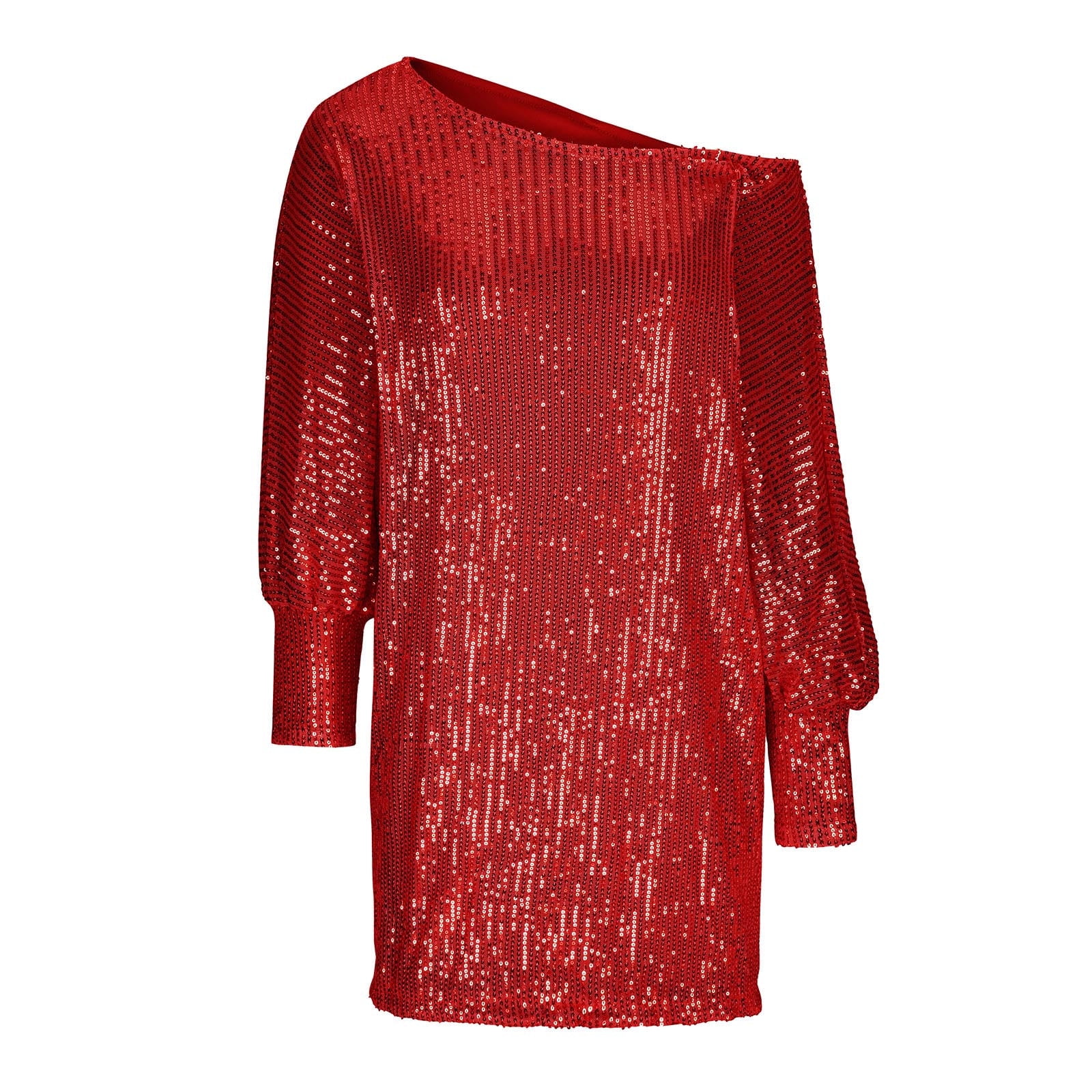 safuny Women's Above Knee Party Dress Solid Sequins Shiny Trendy One Shoulder Winter Elegant Cocktail Evening Holiday Long Sleeve Autumn Dresses Red L