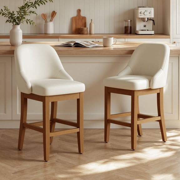 Bar Stools Set of 2, 26 inch Counter Height Wingback Faux Leather Stools with Solid Wood Legs Footrest for Kitchen Island