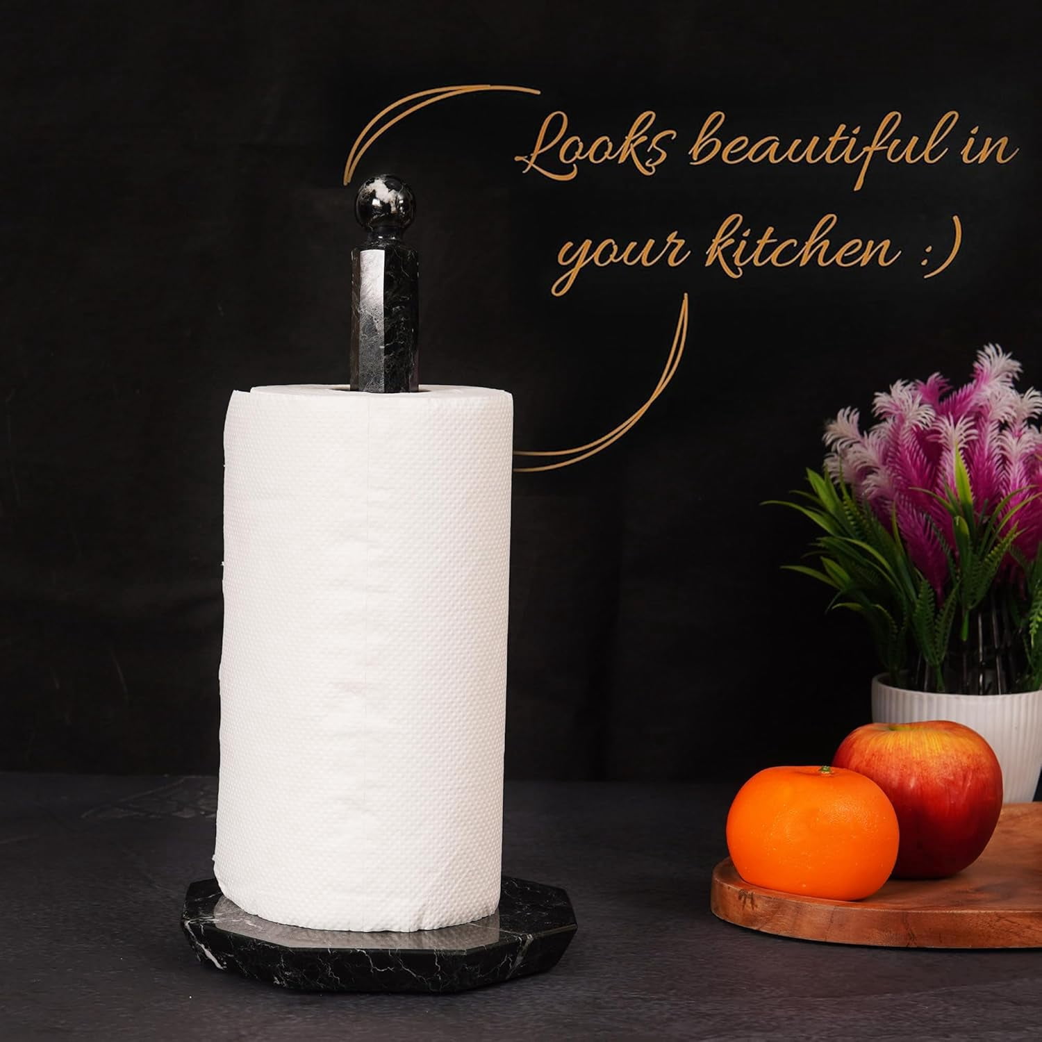 Elborse Marble Paper Towel Holder 12.5 inch Black Handmade Star Countertop Stand for Kitchen & Bathroom, Elegant Stone Design, Paper Towels Organizer, Kitchen Décor Accessory