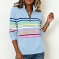 thumbnail image 2 of Moxiu Striped Quarter Zip Sweatshirt Women Long Sleeve Pullover Tops Fall Winter Stand Collar Rainbow Colorful Sweat Shirts Light Blue,L, 2 of 7