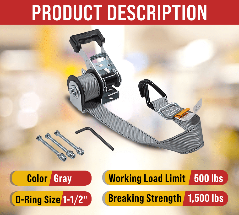 1-1/2" x 8’ Mountable Rack-Ratchet Straps with Double J-Hook - 1,500 lbs Breaking Strength - Ladder Rack Ratchet Tie Down Straps