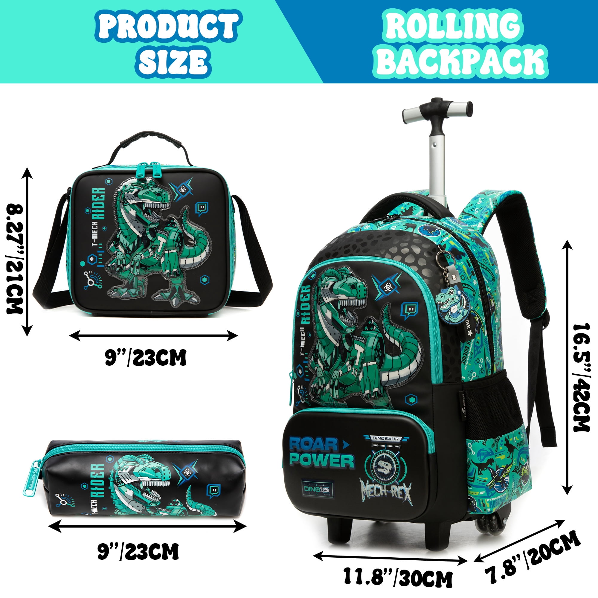 Dinosaur Rolling Kids Backpack for Boys Roller Backpacks 3-Piece School Bags with Lunch Box Pen Bag for Elementary Students Bookbag Ages 6-12